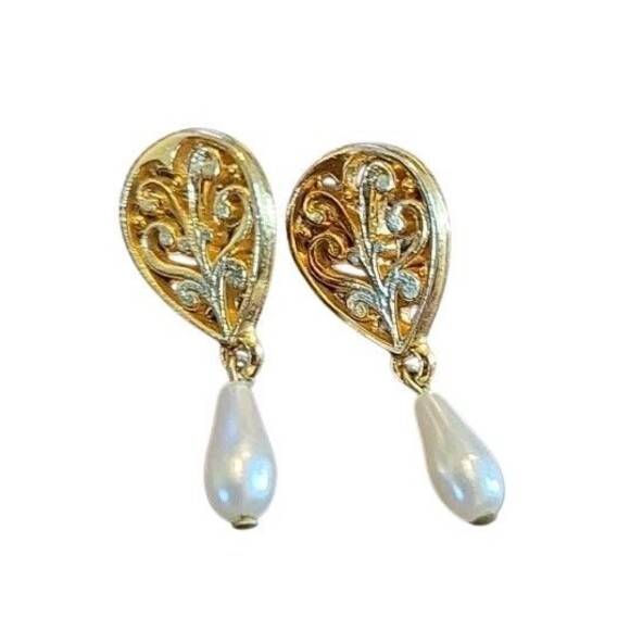 Vintage Val D'Or Goldtone Filigree Faux Pearl  Drop Post  Pierced Earrings 1980s - Picture 1 of 8